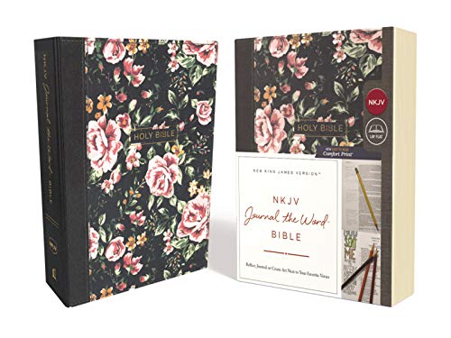 NKJV. Journal the Word Bible. Cloth over Board. Gray Floral. Red Letter Edition. Comfort Print: Reflect. Journal. or Create Art Next to Your Favorit
